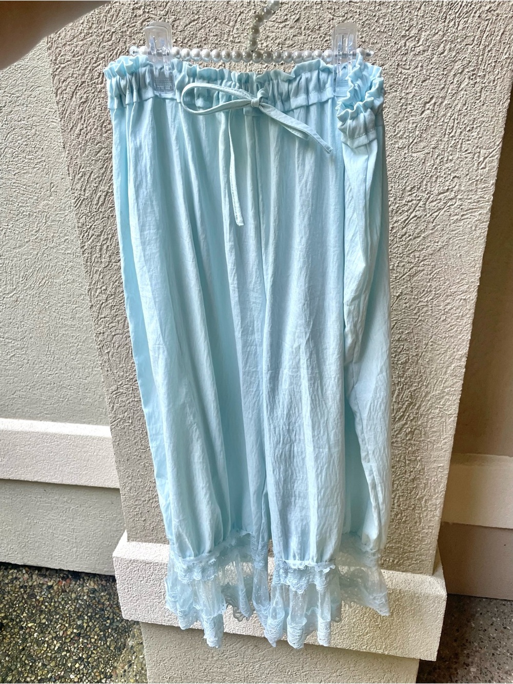 SHEIN Pale Blue Drawstring Ruffle lace Hem Trousers